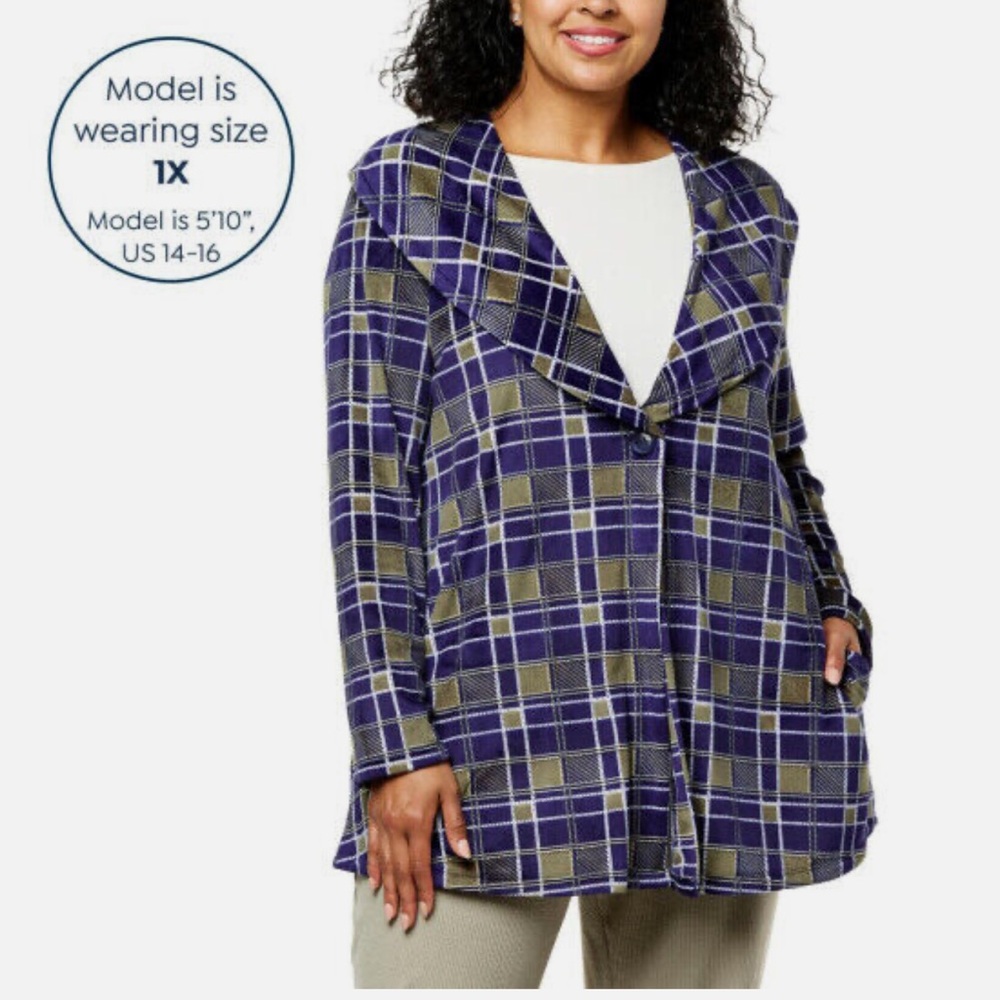 Retreat By Rhonda Shear Women's Plaid Cardigan Navy/green Plus Size 3X
